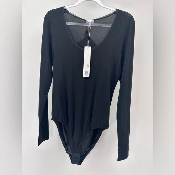 GANNI Bodysuit Top Womens L Black  All Crew Neck Long Sleeve Thin - Picture 2 of 13